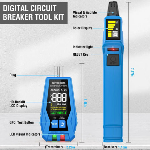 Digital Circuit Breaker Finder With GFCI Tester And Color LCD Display For Ninety To One Hundred Thirty Five Volts AC Circuits Quick Breaker Identification Built In Buzzer Alarm Batteries Included And Carrying Case Easy Setup shown with transmitter and receiver, labeled parts, and dimensions.