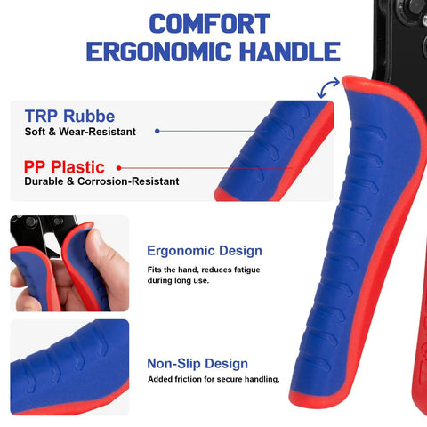 Close-up of 6 In 1 Ratchet Crimping Tool Set With Interchangeable Dies handle showing ergonomic, non-slip TRP rubber and PP plastic.