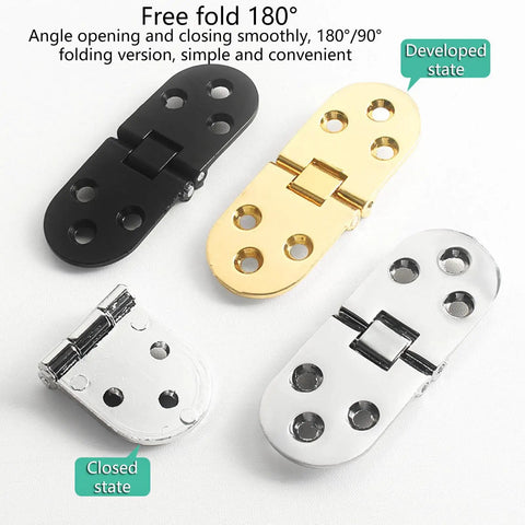 Concealed Flush Mount Hinges For Cabinets And Tables, 180 Degree Swing, Go-To Flat Folding Door Hinge in gold, black, and silver.
