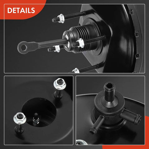Premium Vacuum Brake Booster Direct Plug And Play Replacement For Dodge Dakota And Durango 1999 To 2004 close-up of assembly showing black steel construction and attachment points.