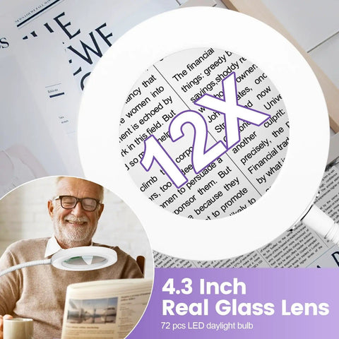 12X Magnifying Glass With Light And Stand for Craft Pros and Esthetician Work 24 Inch Gooseneck Adjustable Swing Arm Magnifier
