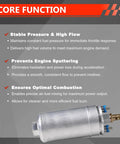 High Flow 12V Fuel Pump For EFI Systems, 43 To 75 PSI, 53 GPH, Universal Fit with core function features displayed