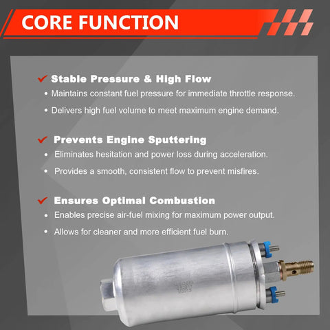 High Flow 12V Fuel Pump For EFI Systems, 43 To 75 PSI, 53 GPH, Universal Fit with core function features displayed