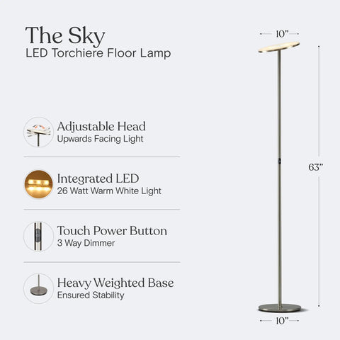 Super Bright LED Floor Lamp Torchiere For Living Room And Office Dimmable Tall Standing Lamp With Warm 3000K Glow 2190 Lumens