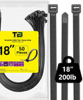Heavy Duty 18 Inch Zip Ties 50 Pack With 200 Pound Strength Black Plastic Tie Wraps For PC Cable Management And Wiring