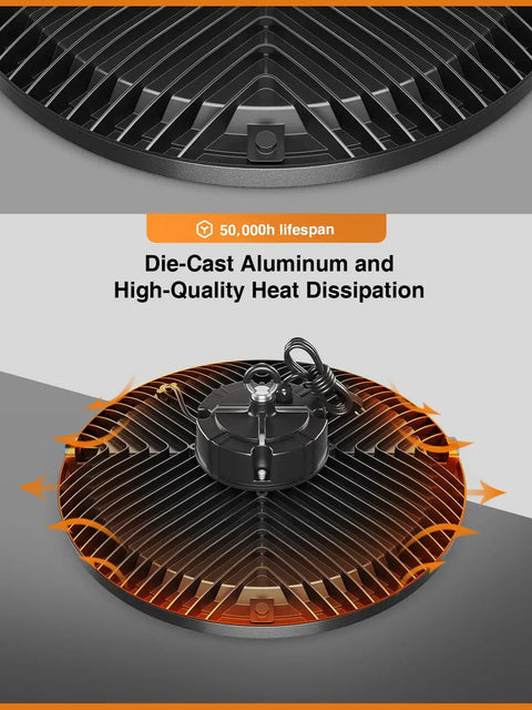 10 Pack UFO LED High Bay Light 250W 37500LM 5000K Daylight IP65 showing die-cast aluminum construction and heat dissipation features.