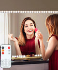 Vanity Mirror Lights For Makeup And Dressing Table Kit 13ft Flexible LED Strip with remote control on a mirror with woman