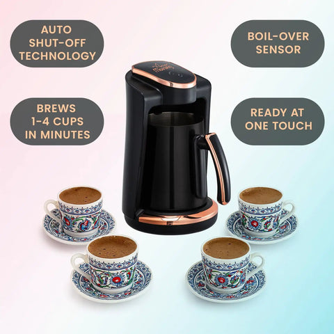 Turkish And Greek Coffee Maker For Home Use 1 To 4 Cup Capacity 400W Electric Pot BPA Free Anti Spill Design With Cook Sense Technology Delivers Authentic Foamy Brew Black