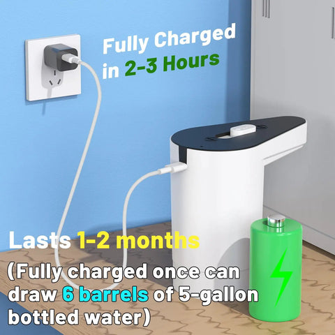 Water Bottle Pump Dispenser For 5 Gallon Jugs with USB charging plugged into outlet on countertop, green battery icon