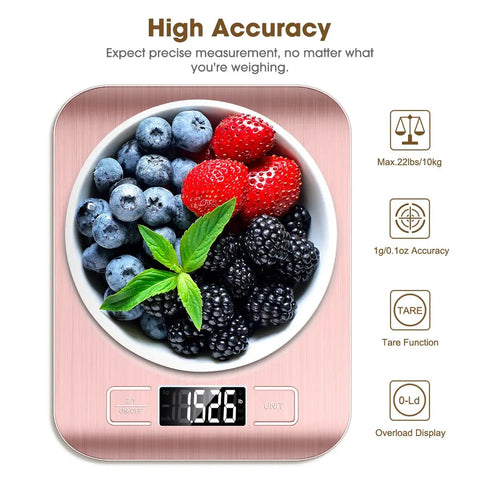 Pink Digital Kitchen Scale 22Lb Capacity With 1g Precision For Baking And Cooking, displaying mixed berries in a bowl