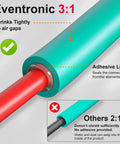 Close-up of Eventronic 3:1 adhesive lined heat shrink tubing in teal, fitting tightly over a red wire. 230 Pcs 3 To 1 Heat Shrink Tubing Kit With 8 Sizes, Adhesive Lined Marine Grade Shrink Wrap, Assorted Sleeving For Cable Wire DIY And Industrial Use In 5 Colors diagram shows comparison against 2:1 shrink tubing.