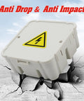 Open Splice Junction Box Single for Quick Fixes, Repair Open Splices in Seconds, 5 Second Installation Splice Box for Electrical Wiring, Durable Wire Junction Box for Home, Outdoor, and Industrial Projects. White plastic electrical junction box with warning symbol