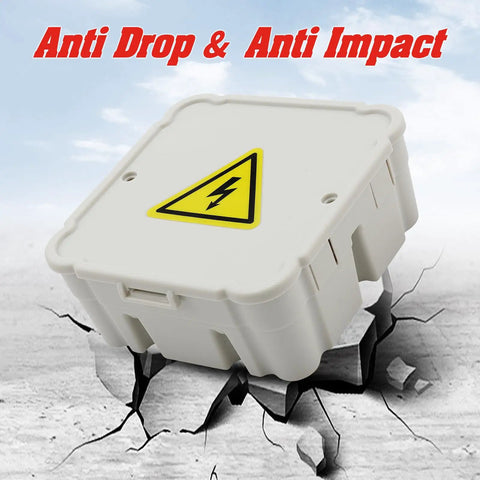 Open Splice Junction Box Single for Quick Fixes, Repair Open Splices in Seconds, 5 Second Installation Splice Box for Electrical Wiring, Durable Wire Junction Box for Home, Outdoor, and Industrial Projects. White plastic electrical junction box with warning symbol