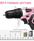 Lightweight 20V Cordless Drill Set For Home DIY And Beginner Projects With Battery Charger 22 Bits Variable Speed Three Eighth Inch Keyless Chuck Pink For Furniture Assembly, showing pink drill with torque settings.