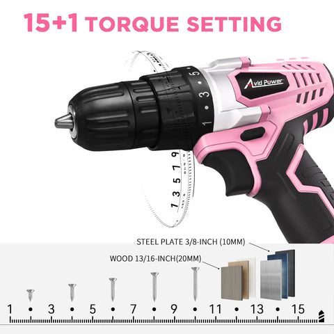 Lightweight 20V Cordless Drill Set For Home DIY And Beginner Projects With Battery Charger 22 Bits Variable Speed Three Eighth Inch Keyless Chuck Pink For Furniture Assembly, showing pink drill with torque settings.