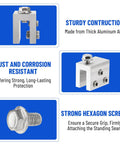 Straight Up Heavy Lifters Aluminum Standing Seam Roof Clamps with M8 stainless steel fasteners and hex screws for secure solar mounting.