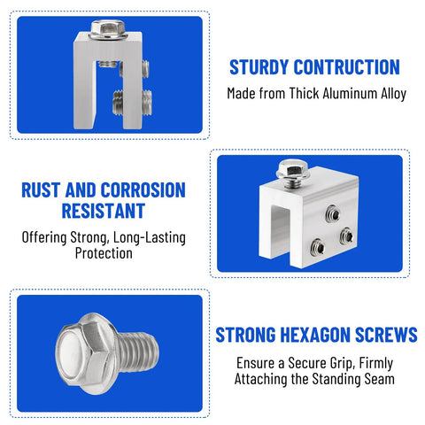 Straight Up Heavy Lifters Aluminum Standing Seam Roof Clamps with M8 stainless steel fasteners and hex screws for secure solar mounting.