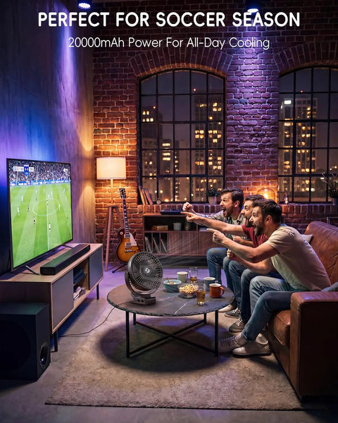 Clip On 8 Inch Portable Fan with 20000mAh battery on coffee table cooling room during soccer game