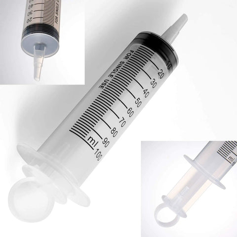Heavy Duty 100 Ml Plastic Syringes Two Pack With Slick Catheter Tips For Garden Watering Measuring And Lab Refills showing clear barrel and precise measurements.