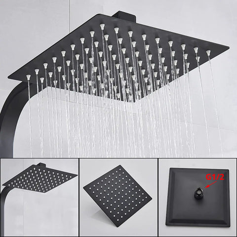 UMJIGF 8 Inch Black Shower System Thermostatic Waterfall Shower Faucet Set with square rainfall shower head and mounting details.