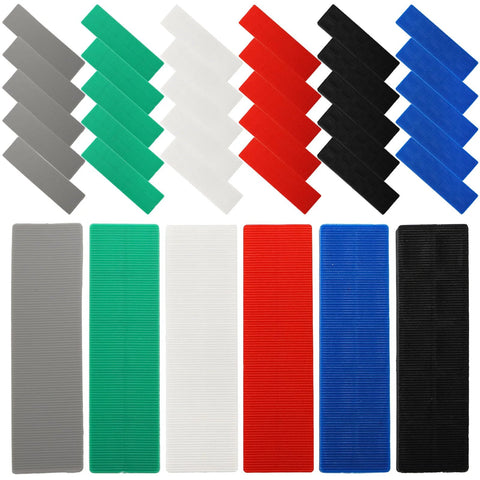 Front view: Okllen 300-piece plastic leveling shims set in six sizes, assorted grey, green, white, red, blue, black.