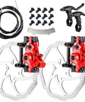 All In One Mechanical Bike Disc Brake Kit With Front And Rear Calipers Two 160mm Rotors Cables Levers Mounting Screws Red