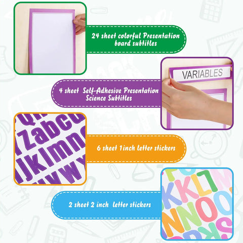 36 Sheets Science Fair Poster Boards Kit With 24 Self Adhesive Subtitles, featuring colorful letters and presentation boards.