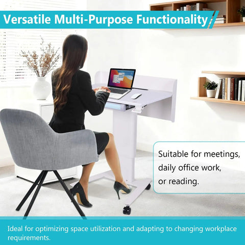 Effortless Height Adjustment Mobile Standing Desk With Quiet Rolling Wheels 28x23 Desktop shown in use for office work