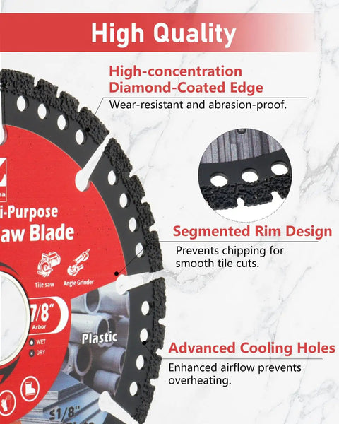 Close-up of 4-1/2 Inch Diamond Multi Purpose Saw Blade 2 Pack For Grinder 7/8 Inch Arbor with segmented rim and cooling holes.