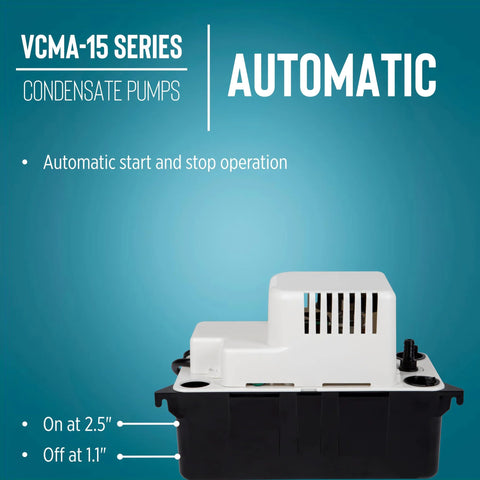 Little Giant VCMA-15UL automatic condensate pump, white housing on black base, front view.