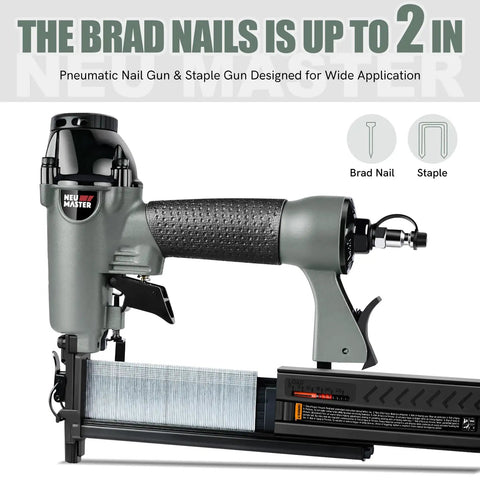2 In 1 Pneumatic Brad Nail Gun And Staple Gun For DIY Woodworking With 18 Gauge 2 Inch Brad Nails Displayed