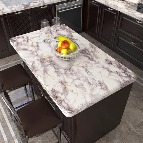 Marble Peel And Stick Wallpaper White And Brown Easy Peel Self Adhesive Vinyl Contact Paper Waterproof Removable Covering on kitchen island countertop.