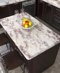 White Marble Peel And Stick Wallpaper Removable Vinyl Covering For Countertops Backsplash Kitchen Desk Shelf Liner Waterproof 15.7 X 393 Inches Self Adhesive With Grid Backing on kitchen island with fruit bowl
