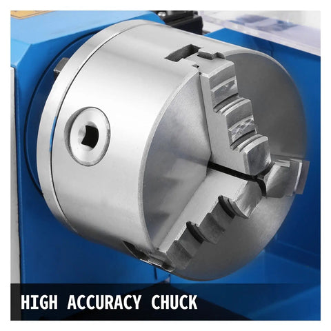 Mini Metal Lathe 7X14 With 550W Variable Speed Motor Nylon Gears And 4 Inch Chuck close-up of high accuracy chuck for precise machining.