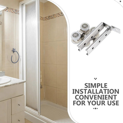 Heavy Duty Stainless Steel Sliding Door Pulleys With Smooth As Butter Bearings For Barn Door Wheels And Closet Track System, mounted in a shower.