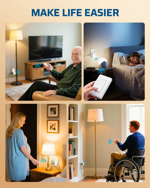 Collage showing Wireless Wall Switch Remote Outlet For Lamps And Fans, 15A 1875W, No Wiring Needed, 100 Ft RF Range in use at home.