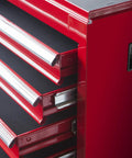 Close-up of Rolling Garage Workshop Tool Organizer With Detachable Four Drawer Chest Large Storage Cabinet And Adjustable Shelves Lockable Steel Construction Red Finish Built For Heavy Duty Tool Storage And Quick Access In Any Shop showing open drawers made of cold-rolled steel and black interiors.