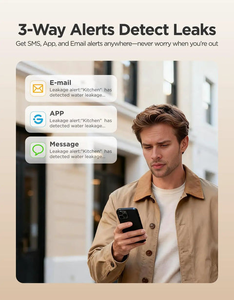 Man receiving SMS alert from Smart Water Leak Detector With No Fuss Long Range 1804 Feet Wi Fi Sensor For SMS Email App Push And Sound Alarm