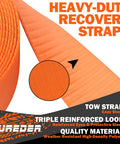 Close-up of Heavy Duty Tow Strap 3 Inch By 30 Foot Snatch Recovery Rope For Off Road And Truck Towing Lab Tested 35121 Pounds Break Strength