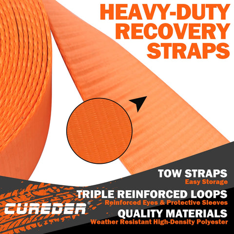 Close-up of Heavy Duty Tow Strap 3 Inch By 30 Foot Snatch Recovery Rope For Off Road And Truck Towing Lab Tested 35121 Pounds Break Strength