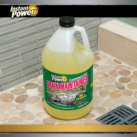 Commercial Drain Maintainer With Liquid Enzyme Clog Remover, 1-gallon bottle on bathroom floor near drain