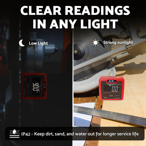 Rock Solid Heavy Duty Magnetic Digital Angle Finder Featuring A Slick Extra Large Auto Invert Lcd Display For Dang Precise Leveling And Easy Shop Job Tracking in low and bright light.