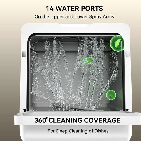 Countertop Dishwasher With Five Place Setting Capacity And Seven Washing Programs tackles dirty pots and plates, showing water ports and spray arms.