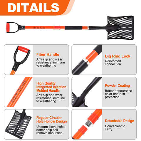 Image of Detachable Sand Sifter Shovel With 45 Inch Fiberglass Handle And D Grip For Go To Beach Cleanup Or Farm Cleanup Powder Coated Steel Head With Uniform Mesh For Fast Sand Filtration And Debris Removal, highlighting features such as reinforced connection, powder-coating, and detachable handle.
