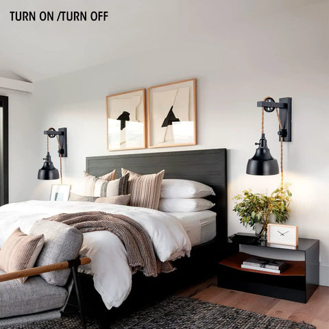 Bedroom with dimmable plug in wall sconces with 15ft pulley cords vintage hanging lamps black set of two above bed