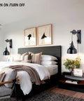 Modern bedroom with Two Pack Dimmable Pulley Wall Sconces In Vintage Black Finish Plug In Lighting beside bed