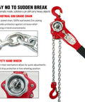 Heavy Duty Lever Chain Hoist 1700 Lbs Capacity 5 Ft Manual Ratchet Puller with hand wheel and red hooks