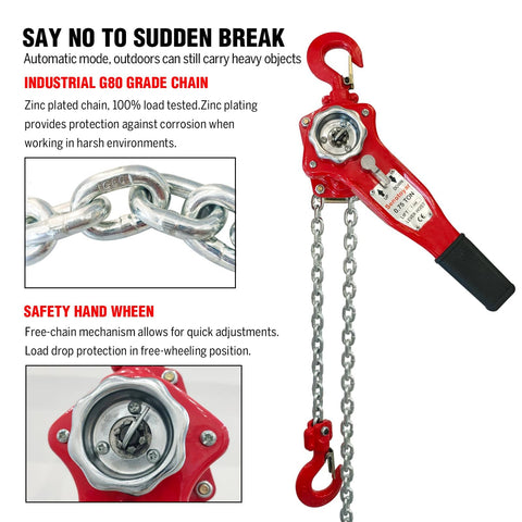 Heavy Duty Lever Chain Hoist 1700 Lbs Capacity 5 Ft Manual Ratchet Puller with hand wheel and red hooks
