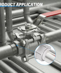 Heavy Duty One Half Inch FNPT Three Piece Ball Valve In 304 Stainless Steel With Red Handle for industrial piping application.