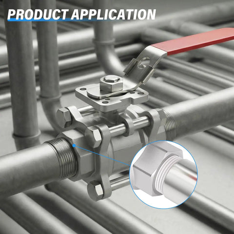 Heavy Duty One Half Inch FNPT Three Piece Ball Valve In 304 Stainless Steel With Red Handle for industrial piping application.